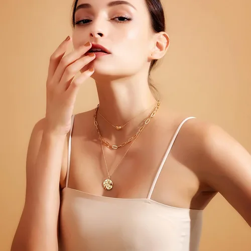 Miniatura 3 de Jewlure Collar chapado en oro de 18 quilates, collar con colgante en capas de moda, regalo para mujeres y niñas, chapado en oro, No es una piedra