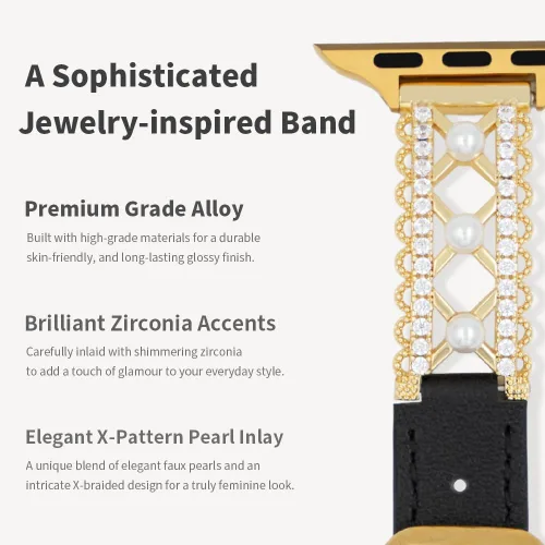 Miniatura 2 de Correa de cuero genuino y joyería para Apple Watch para mujer, elegante pulsera de perlas con circonitas laterales brillantes, correa de iWatch