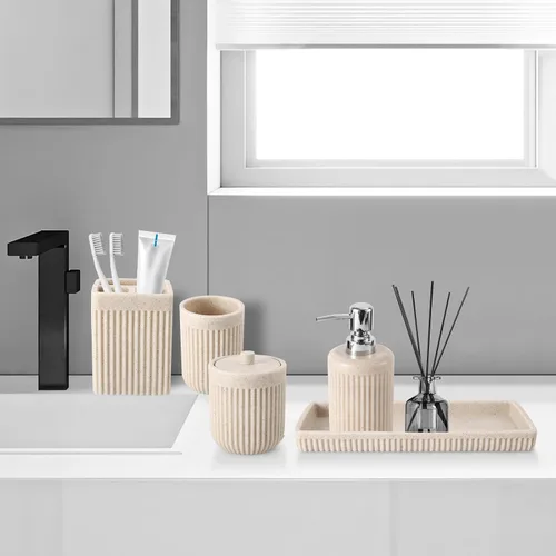 Miniatura 9 de XLHOMO Juego de accesorios de baño de resina beige de 5 piezas, dispensador de jabón y loción, soporte para cepillo de dientes, vaso de baño, porta