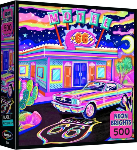 RoseArt - Neon Brights - Route 66 Night - Rompecabezas de 500 piezas para adultos, paisaje retro neón