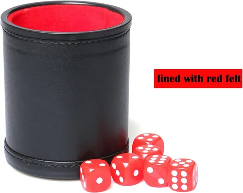 Miniatura 2 de Juego de dados de cuero con forro de fieltro rojo silencioso con 6 dados rojos estándar para juegos Farkle Yahtzee, 1 paquete Rojo1