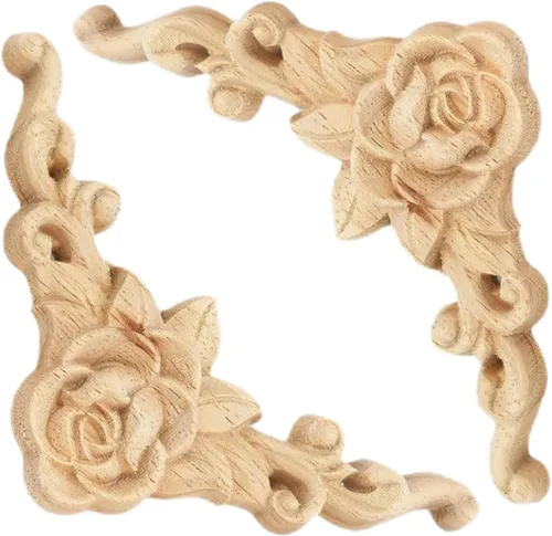 Miniatura 10 de Apliques tallados en madera, 8 piezas de calcomanías de esquina de rosa, tallados de roseta de madera sin pintar para puerta, gabinete, repisas