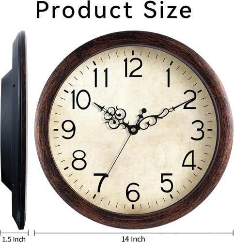 Miniatura 9 de KECYET Reloj de Pared de 14 Pulgadas Relojes de Pared Vintage Operados por Batería Cuarzo Silencioso Sin Tictac Grande Estilo Retro Rústico A_bronce