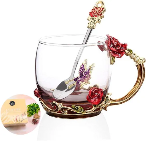 Miniatura 10 de Taza de té, regalos del día de la madre, tazas de café, tazas de café de cristal, tazas de té, hechas a mano, mariposa rosa, 12 onzas (azul) ideal
