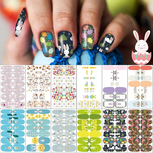 winthrop 12 hojas de calcomanías de Pascua para uñas, tiras completas de esmalte de uñas, calcomanías autoadhesivas para arte de uñas, lindos huevos