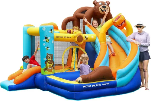 Casa inflable para rebotar, casa de rebote de doble diapositiva para niños grandes, castillo de salto de osos 6 en 1 con soplador 450, cojín de