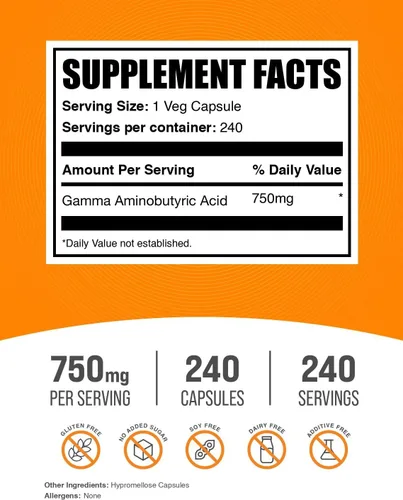 Miniatura 2 de BulkSupplements. Com Gamma - Cápsulas de ácido aminobutírico - Suplemento GABA, GABA 750 mg, vegano y sin gluten, 1 cápsula por porción, 240