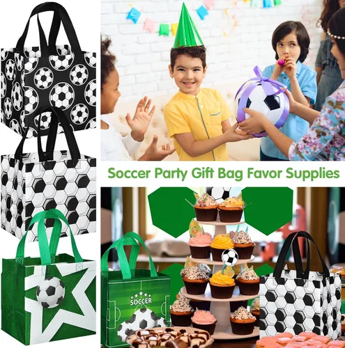 Miniatura 6 de Kigeli 60 bolsas de golosinas de fútbol, bolsas de regalo de fiesta de fútbol, reutilizables, no tejidas, bolsas de dulces con asas para fiesta