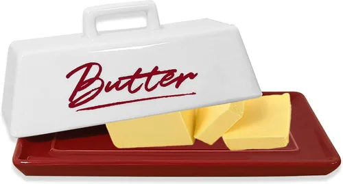 Mantequillera de cerámica con tapa, plato de mantequilla roja con tapa para encimera y refrigerador, bandeja de mantequilla roja, recipiente de