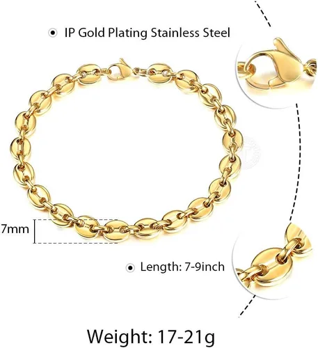 Miniatura 3 de Trendsmax Pulsera de cadena de eslabones de granos de café de 0.276 in chapada en oro de acero inoxidable trenzado para hombres y mujeres, 7-9