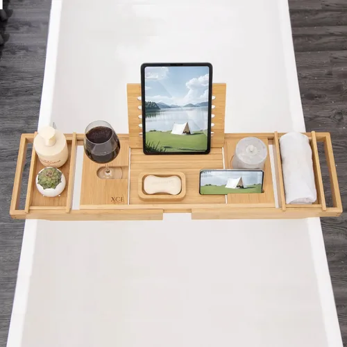 Miniatura 4 de XcE Bandeja de bambú para bañera, expandible hasta 41 pulgadas con soporte para libros, soporte para jabón y almohadillas antideslizantes para spa