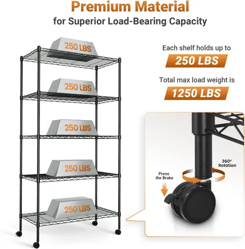Miniatura 4 de HealSmart Estantería de almacenamiento resistente de 5 estantes, capacidad de carga de 1250 libras, 29.92 pulgadas de profundidad x 13.98 pulgadas