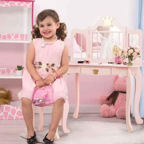 Miniatura 2 de Costzon Juego de Mesa y Silla de Tocador para Niños, Mesa de Maquillaje Princesa con Cajón y Espejo de Tres Pliegues, Juego de Tocador 2 en 1