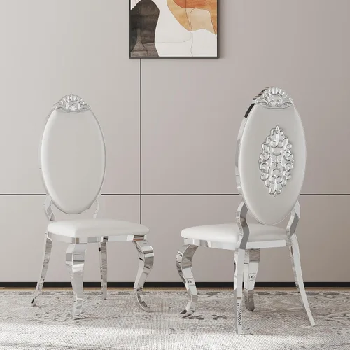 Miniatura 45 de Juego de 2 sillas con 2 sillas de comedor de piel sintética blanca, silla de cocina moderna con respaldo ovalado y patas de acero inoxidable