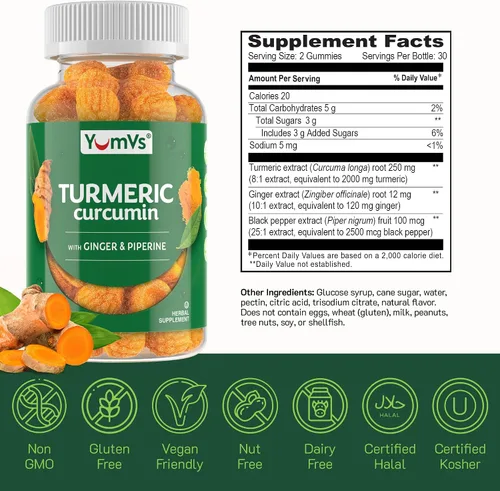 Miniatura 5 de Gomitas de extracto de cúrcuma de curcumina – Gomitas extra fuertes de suplemento de cúrcuma de 250 mg con 100 mcg de pimienta negra y 12 mg