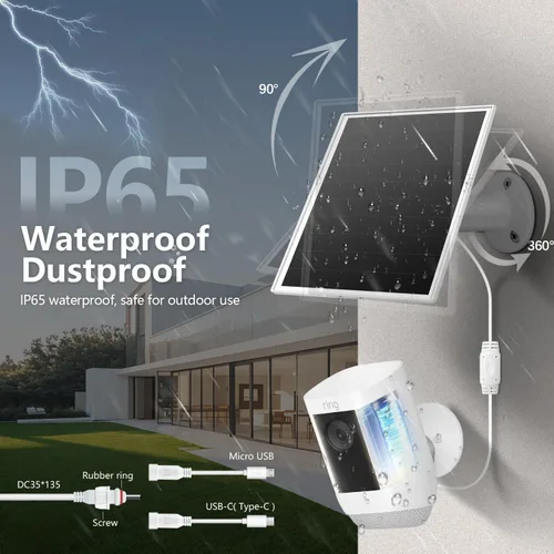 Miniatura 4 de Cargador de panel solar de 6 W para cámaras de seguridad al aire libre. Micro USB/USB - C/DC (35 x 135) se adapta a cámara Eufy/Wyze/Ring, cable