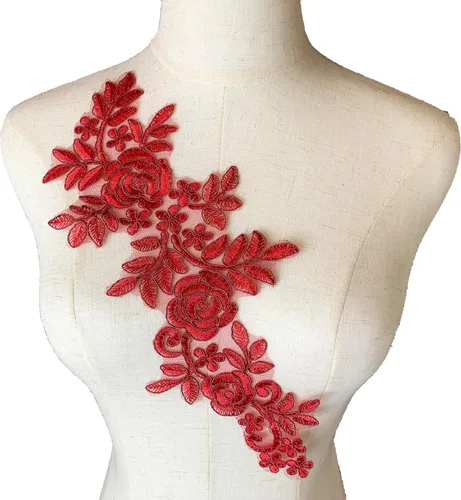 Miniatura 2 de Worlds 1 par de parches de tela de encaje burdeos bordado apliques de encaje motivo floral vestido de novia costura adornos decoración 13.8 x 5.7 in