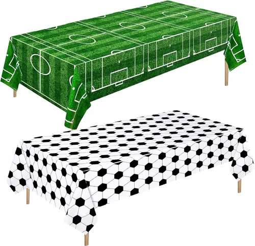 Mixweer 2 manteles de fútbol para decoración de fiesta de cumpleaños de fútbol de 54 x 108 pulgadas, cubierta de mesa de plástico para deportes con