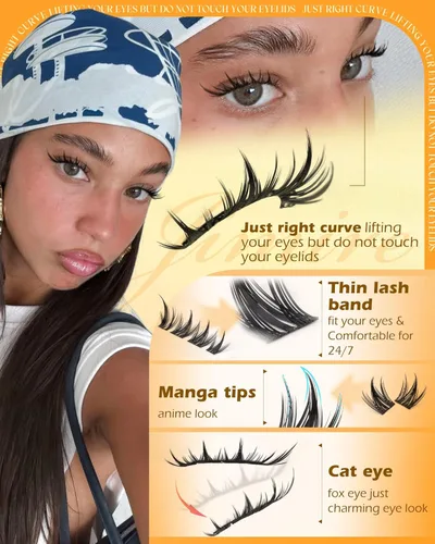 Miniatura 2 de JIMIRE Manga Lash Racimos de pestañas Wispy racimos de pestañas con aspecto de ojo de zorro, extensiones de pestañas naturales en racimo