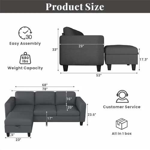 Miniatura 2 de Sofá modular para sala de estar, sofá en forma de L, pequeño modular de 3 asientos, cómodo lino con almacenamiento de asiento profundo, fundas
