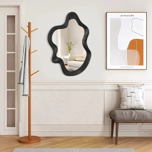 Miniatura 3 de Espejo asimétrico para decoración de pared, grande, moderno, ondulado, con marco de madera, espejo de pared con forma única montado en pared