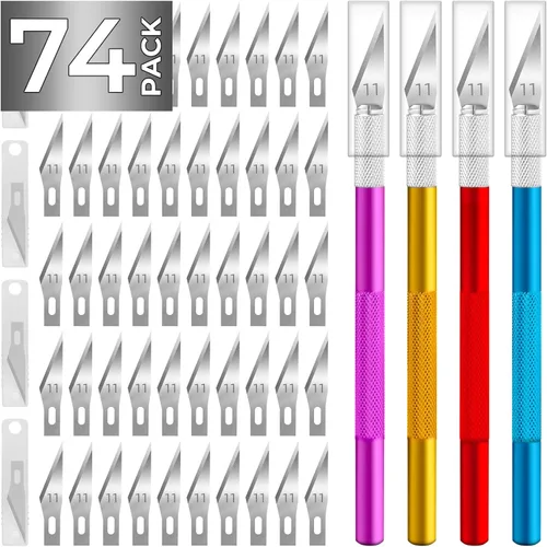 JTIEO Paquete de 74 cuchillos de hobby Exacto con 4 cuchillos afilados actualizados y 70 cuchillas de repuesto para manualidades, álbumes de Colorido