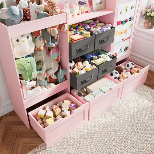 Miniatura 5 de Organizador de almacenamiento de juguetes para niños de 61 pulgadas de ancho con almacenamiento de animales de peluche, 3 cajones de almacenamiento