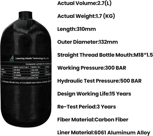 Miniatura 5 de TUXING Tanque de buceo de fibra de carbono 4500Psi 2.7L con medidor de regulador de válvula de llenado de paintball, cilindro compuesto de alta