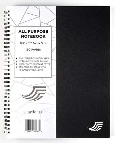 Selarde - Cuaderno multiusos, tapa dura, 80 hojas/160 páginas con línea divisora de página media, papel de 8.5 x 11 pulgadas, 3.17 oz/m², Negro