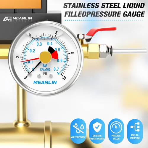 Miniatura 7 de MEANLIN MEASURE Manómetro de Presión de Acero Inoxidable 0~10 Psi 1/4" NPT Carátula de 2.5" con Puntero de Reinicio Relleno de Líquido WOG Agua