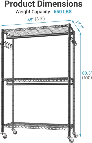 Miniatura 4 de VIPEK R2 Plus - Perchero resistente con 3 niveles de alambre ajustable con varillas dobles y ganchos laterales, estante de almacenamiento Negro