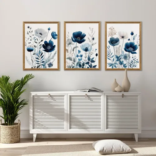 Miniatura 5 de DUWQU 3 piezas de arte de pared en lienzo floral azul marino, marco de madera azul marino, flores silvestres lirio, margaritas, decoración de pared