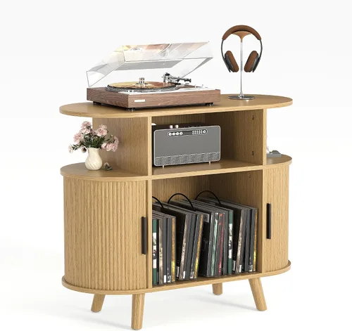 Miniatura 13 de Garvee 35'' Fluted Mid Century Modern Turntable Cabinet, Large Round Record Player Stand with Charging Station and Display Shelf, Arched Wood Record
