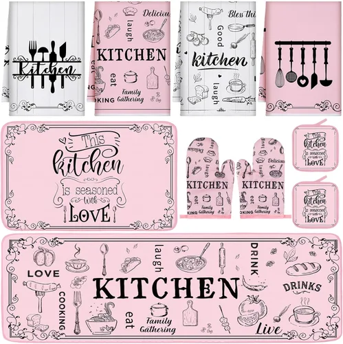 Miniatura 18 de Fourluoo Juego de 10 piezas de decoración de cocina con lazo rosa, 4 paños de cocina a cuadros rosados, 2 soportes para ollas, 2 guantes de horno, 2