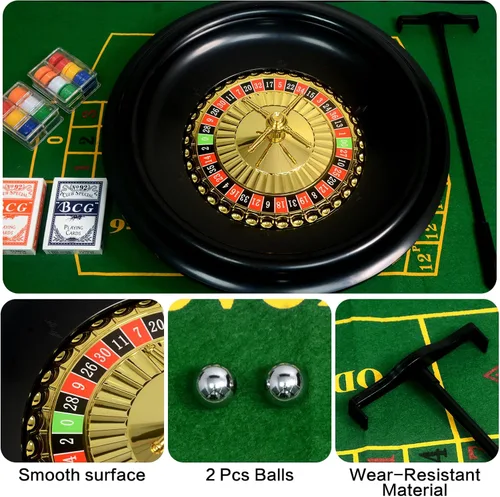 Miniatura 3 de Juego de ruleta con 120 fichas, 2 pares de póker, tapete de mesa de doble filo, rueda de ruleta, rastrillo, bolas de ruleta para ruleta y Texas