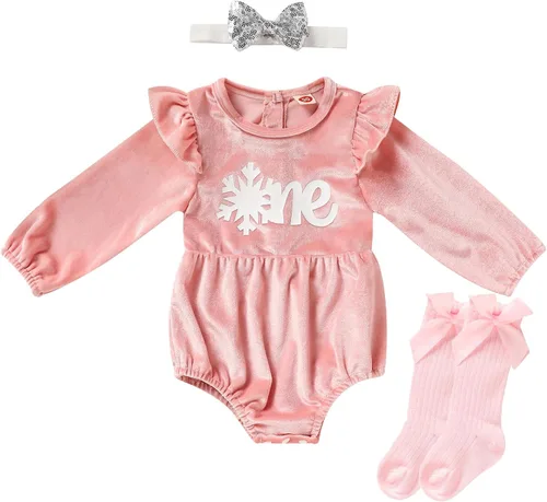 GRNSHTS Ropa de primer cumpleaños para niña de terciopelo de un año de edad, mameluco de manga larga + diadema, 2 piezas de trajes de pastel