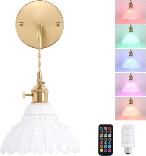 Miniatura 30 de Shenmoyl Aplique de Pared Vintage con Pantalla de Cristal con Patrón de Lirio de los Valles Verde, Cadena Ajustable, Luz de Pared Montada Retro