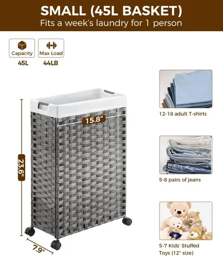 Miniatura 4 de GREENSTELL - Cesta de ropa con ruedas, 45 l (11.9 galones), cesto pequeño de ratán para ropa con 2 bolsas extraíbles y 2 bolsas de malla, cesto