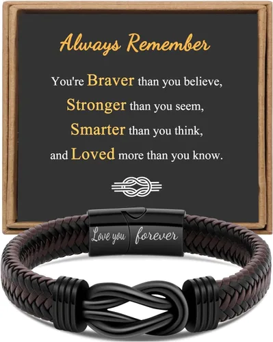 Regalo para Hombres Pulsera Infinita para Hombres Papá Marido Novio Hijo Nieto Hermano Sobrino Tío Cuero Trenzado Marrón Siempre Unidos Acero