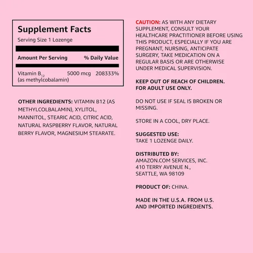 Miniatura 2 de Amazon Elements Vitamina B12 Metilcobalamina 5000 mcg - Producción de energía normal y metabolismo, apoyo del sistema inmunológico - Suministro de 2