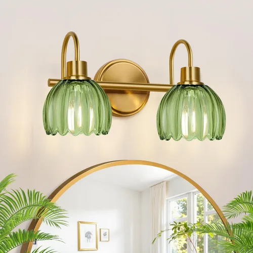 Miniatura 25 de Juego de 2 lámparas de tocador de baño en oro cepillado, lámpara de pared de cabeza única con pantalla de vidrio verde acanalado