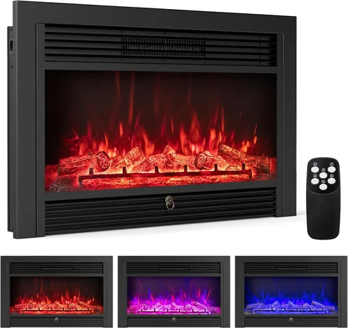 Miniatura 10 de COSTWAY - Insertos de chimenea eléctrica de 28.5 pulgadas de ancho, 750 W/1500 W, chimenea empotrada y de pie en la pared, con 3 colores de llama, 5