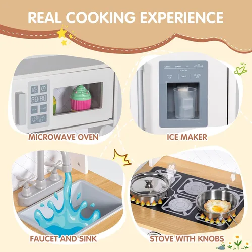 Miniatura 2 de BRINJOY Juego de cocina para niños, cocina de madera para niños con grifo, fregadero, estufa, horno, utensilios de cocina, gabinetes de Blanco