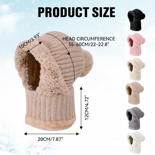 Miniatura 3 de Gorro 3 en 1 para mujer, pasamontañas de invierno con máscara facial, gorro de punto con forro polar con pompones, máscara de esquí resistente al