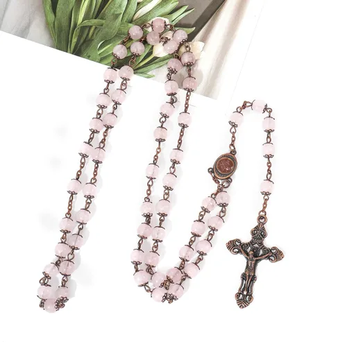 Miniatura 2 de Nazareth Store Rosario de diseño vintage con cuentas de piedra natural, collar de 0.315 in, medalla de suelo santo y cruz crucifijo rosarios