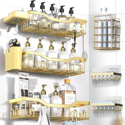 Miniatura 27 de NESOMI Organizador de Ducha Adhesivo Juego de 7 Piezas, Estantes de Baño de Acero Inoxidable a Prueba de Óxido, Accesorios de Almacenamiento sin