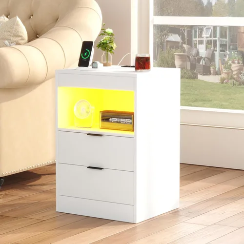 Miniatura 6 de Gadroad - Mesita de noche LED con estación de carga, mesa de noche con 3 cajones y luces LED, mesa auxiliar de sofá con estante extraíble