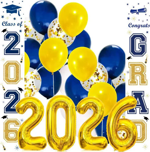 Decoraciones de fiesta de graduación, azul marino, amarillo, decoraciones de graduación 2026, pancartas de clase de 2026, letrero de patio con texto