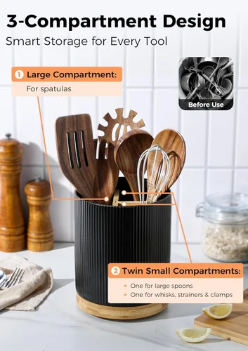 Miniatura 3 de LoeJan Soporte para Utensilios de 3 Compartimentos, Recipiente para Utensilios Extra Grande, Organizador de Utensilios de Cerámica Estable, Juego