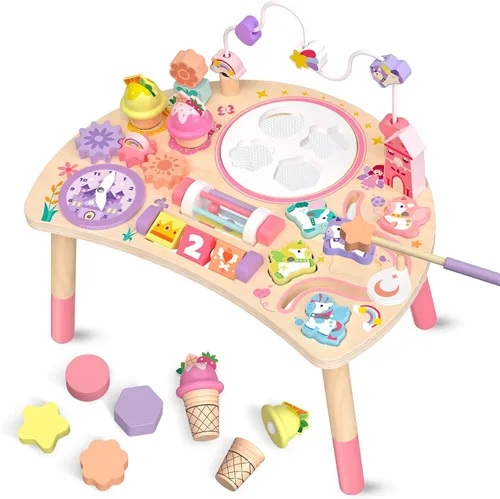 Mesa de actividades de madera para niños pequeños de 1 a 3 años, unicornio 10 en 1, tablero Montessori ocupado con forma de laberinto de cuentas,